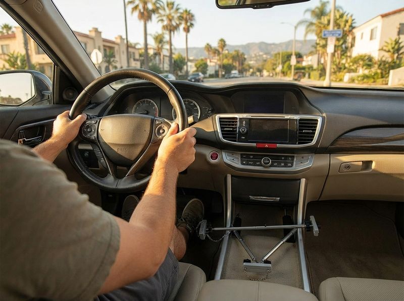 QuicStick levers clamped to the gas and brake pedals of an automatic sedan