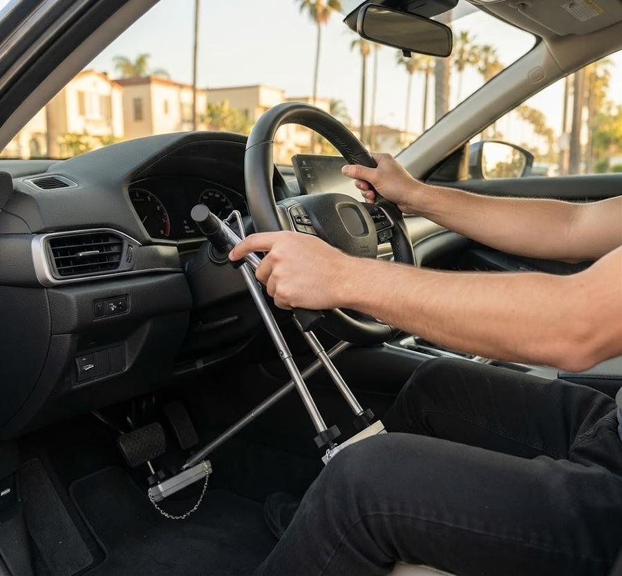 Driver metering a QuicStick lever with the other hand on the wheel
